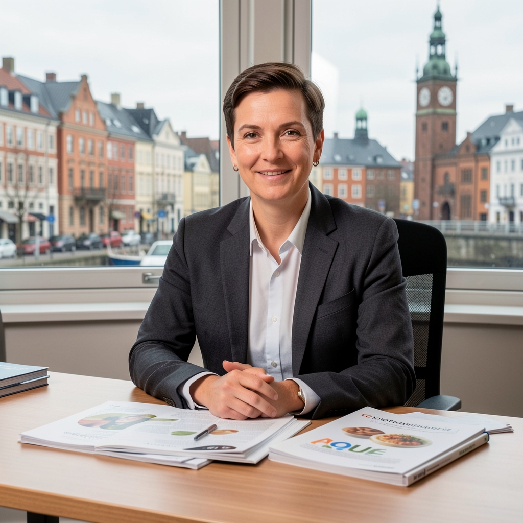 Redaktør ved skrivebord med trykte ernæringsnoter og København i baggrunden