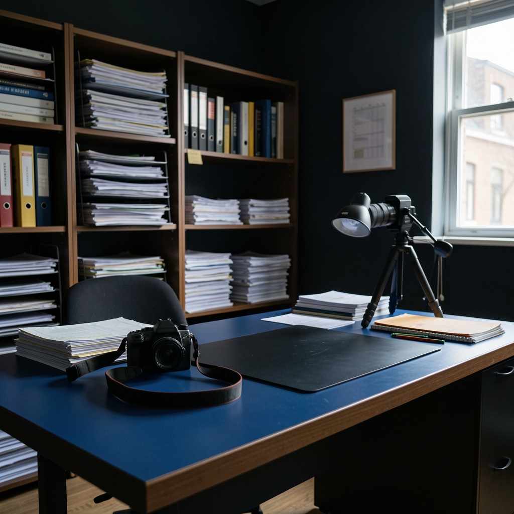 Mørkt redaktionsstudio med papirarkiv, kamera og slateblå arbejdsbord