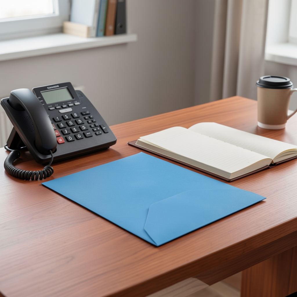 Redaktionelt skrivebord med telefon, notesbog og blå kuvert