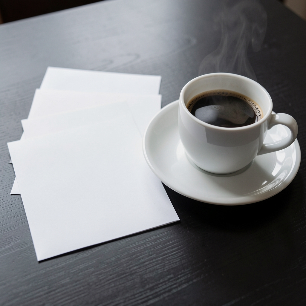 Håndskrevne læserhenvendelser ved siden af en kaffekop på mørkt bord
