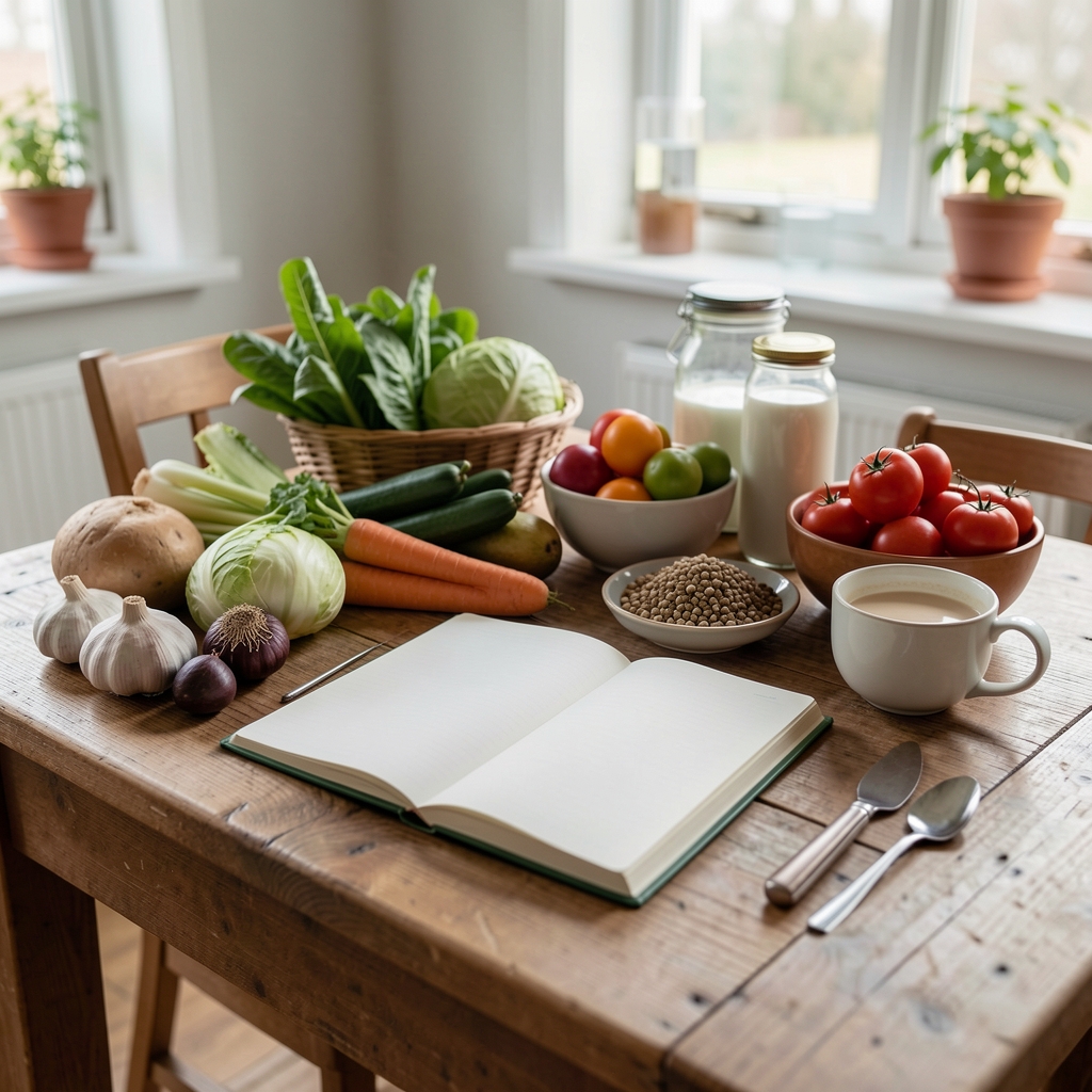 Københavnsk morgenbord med notesbog, friske råvarer og en rolig daglig ernæringsrutine