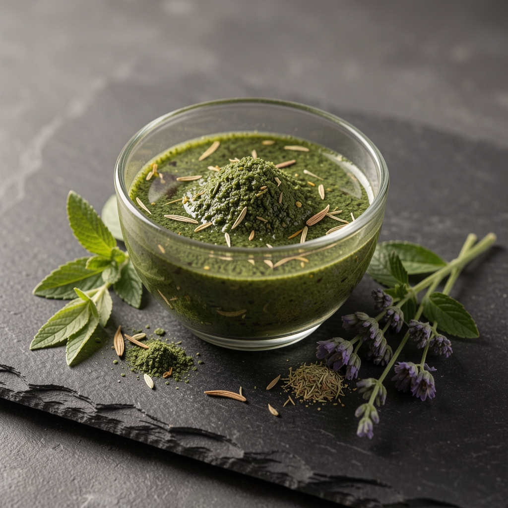 Skåle med grøn te ekstrakt, magnesium og naturlige planteingredienser på mørk sten