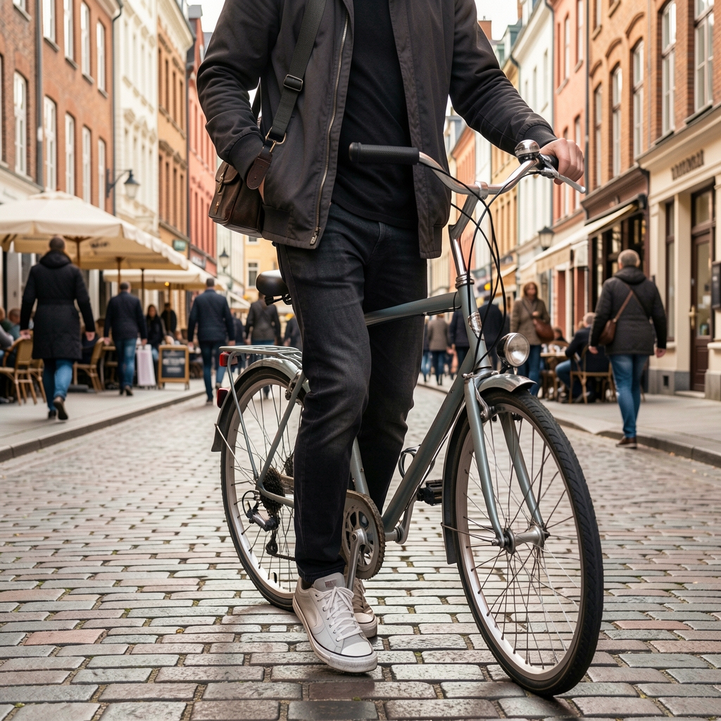 Person i sneakers går gennem København med cykel og byliv i baggrunden