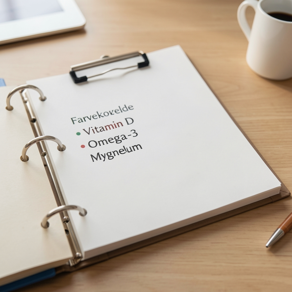 Farvekodede redaktionsnoter om vitamin D, omega-3 og magnesium i et ringbind